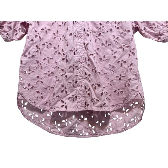 J.CREW Eyelet Garden Buttonn Down Shirt Top Womn 4 Pink Puff Sleeves Romantic - Picture 7 of 13